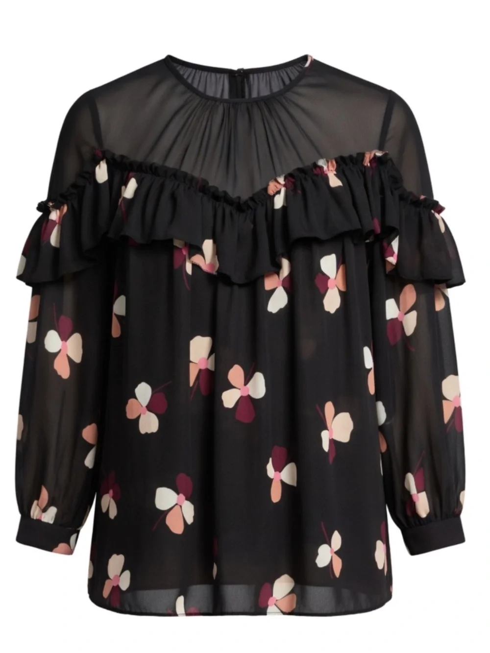 Kate Spade Black Floral Glitzy Ritzy Dusk Buds Ruffle Semi-Sheer Top Small